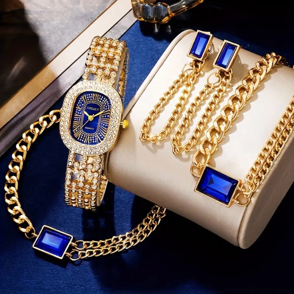 5pcs/set Glamorous Womens Rhinestone Quartz Watch & Synthetic Gem Jewelry Set